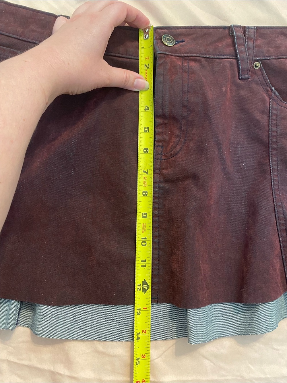 Flocked Denim Mini Skirt in Deep Burgundy - Picture 9 of 12